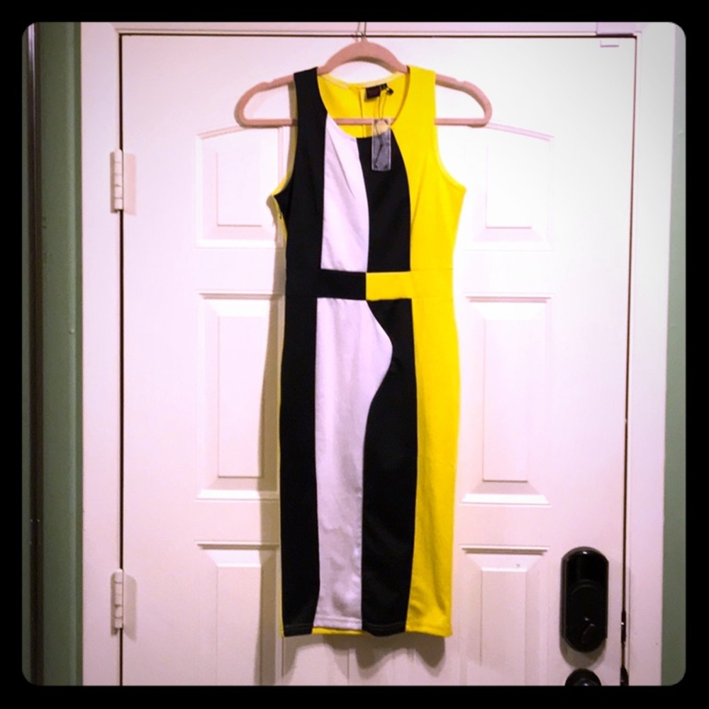 Dress,sleeveless,black,yellow, white,knee length